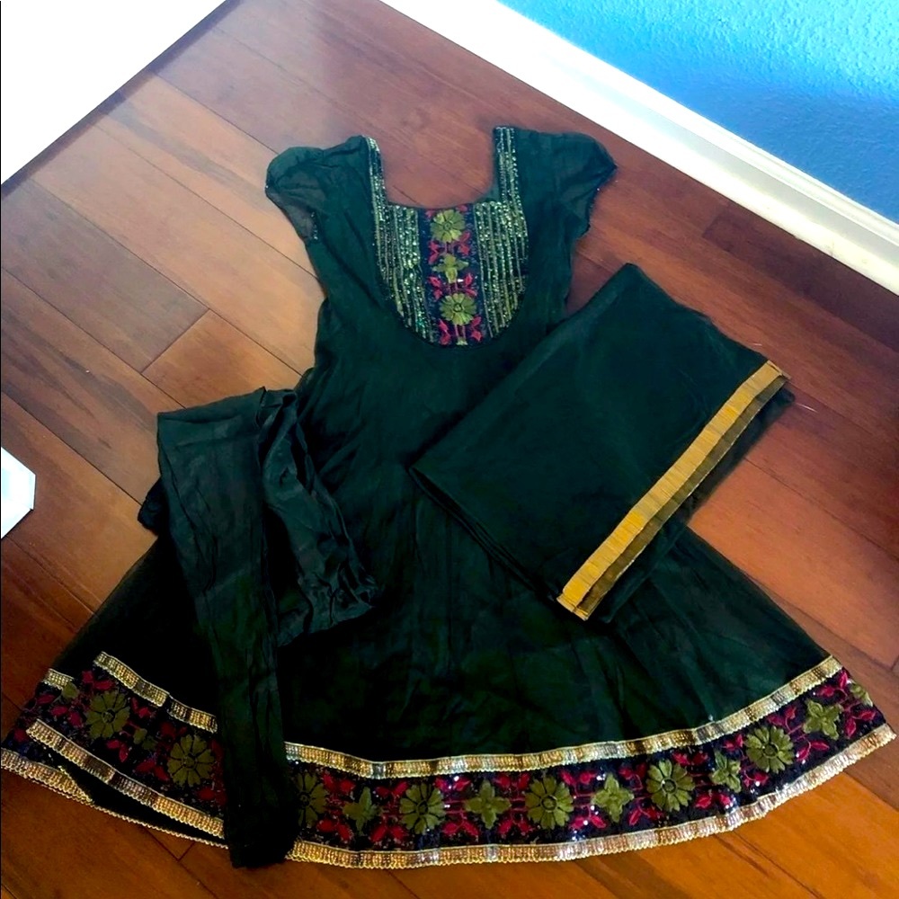 Indian dress green nila anarkali salwar suit set for Diwali, Pooja, temple